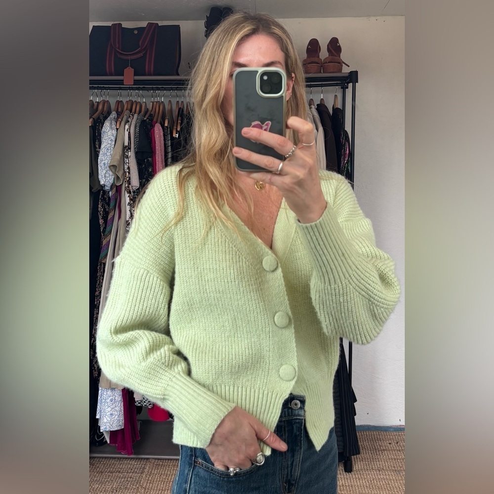 Lumiere Anthropologie Button Up Mint Green Knit Woven Cardigan Sweater Jumper - Picture 3 of 12